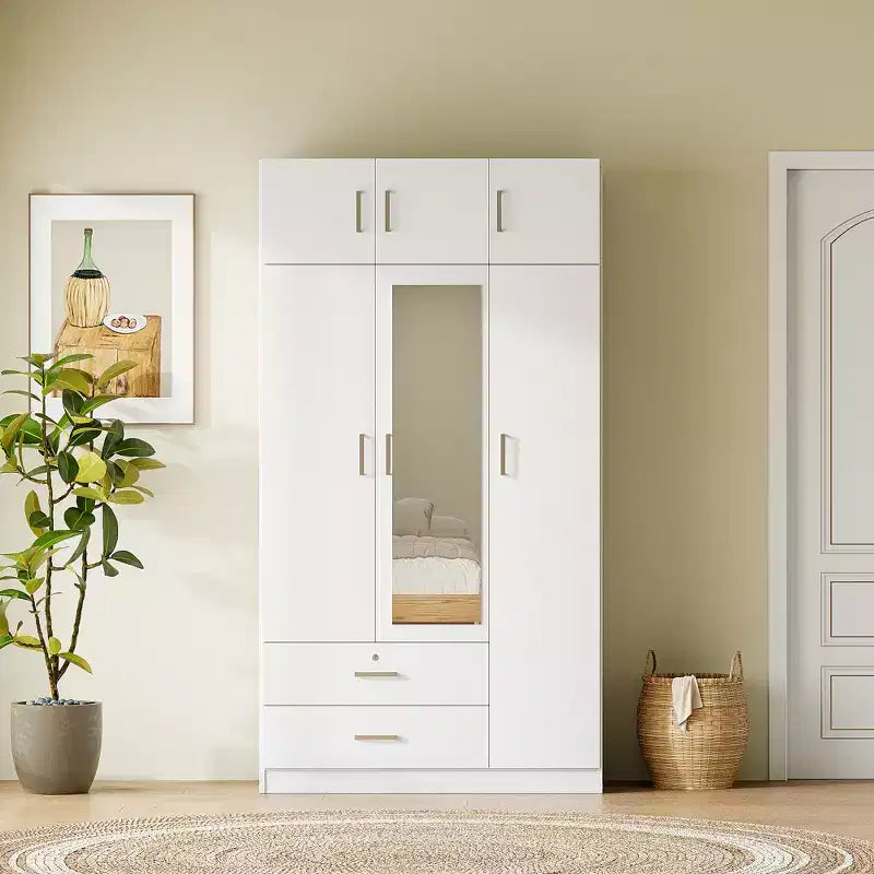 Armoire penderie 3 portes en bois avec miroir, 2 tiroirs, étagères, tringle de suspension et placard supérieur
