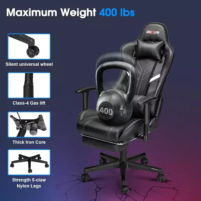 Fauteuil Gamer Ergonomique Massant avec Repose-Pieds et Accoudoirs Réglables, Noir.