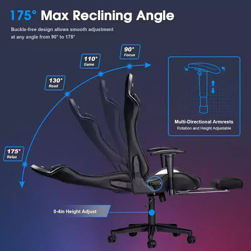 Fauteuil Gamer Ergonomique Massant avec Repose-Pieds et Accoudoirs Réglables, Noir.