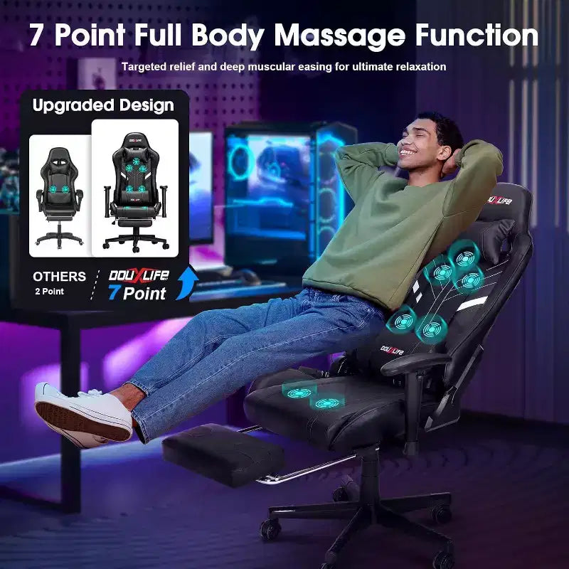 Fauteuil Gamer Ergonomique Massant avec Repose-Pieds et Accoudoirs Réglables, Noir.