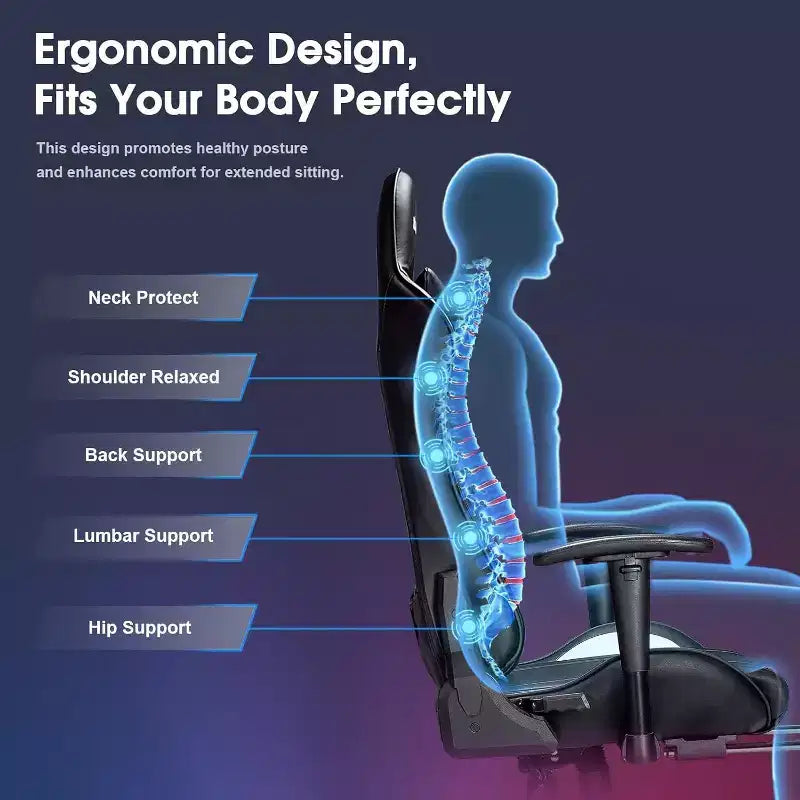 Fauteuil Gamer Ergonomique Massant avec Repose-Pieds et Accoudoirs Réglables, Noir.