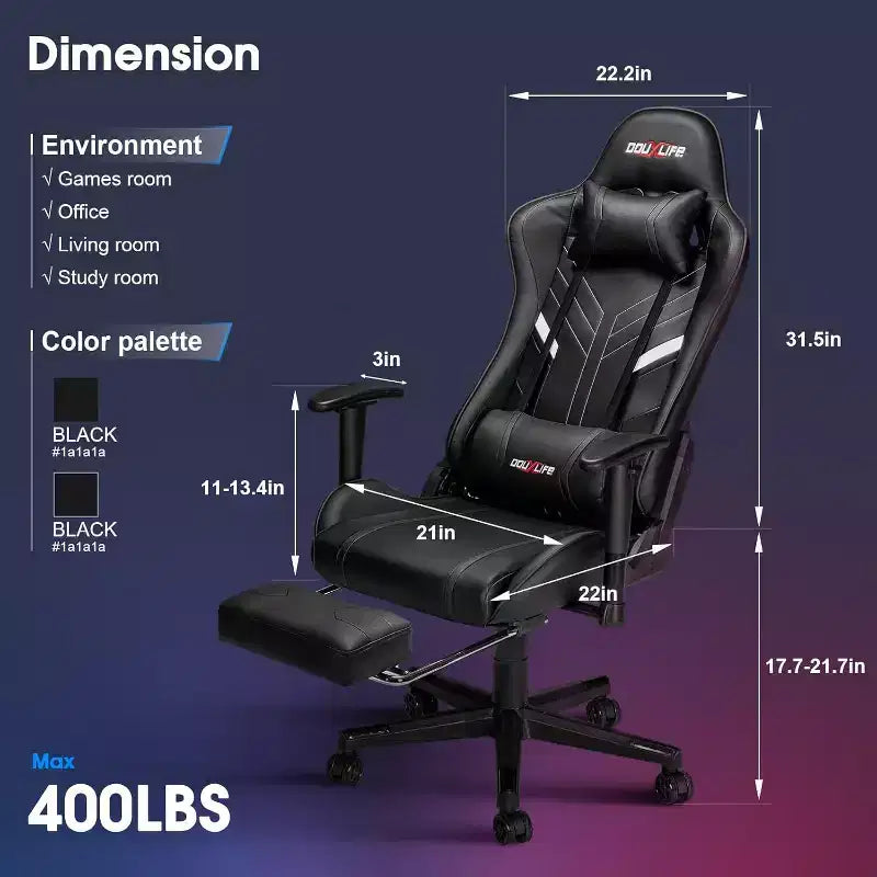 Fauteuil Gamer Ergonomique Massant avec Repose-Pieds et Accoudoirs Réglables, Noir.
