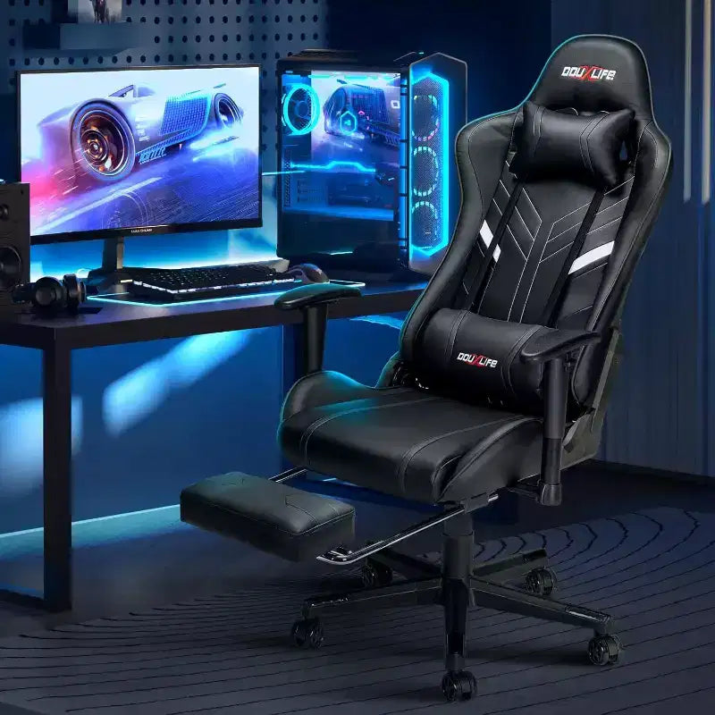 Fauteuil Gamer Ergonomique Massant avec Repose-Pieds et Accoudoirs Réglables, Noir.