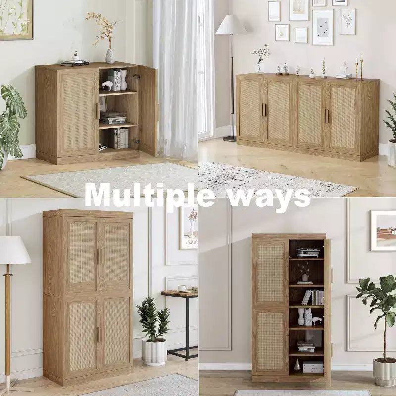Meuble d'appoint 31x31x16 en rotin et bois avec étagère réglable et armoire de rangement Naturel