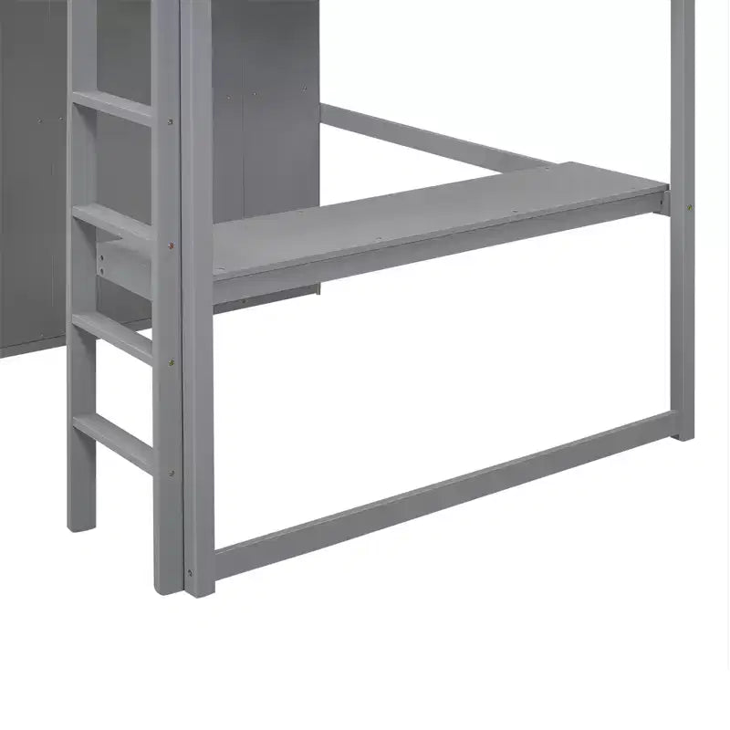 Lit mezzanine pleine grandeur avec bureau, armoire intégrée, étagères de rangement et tiroirs