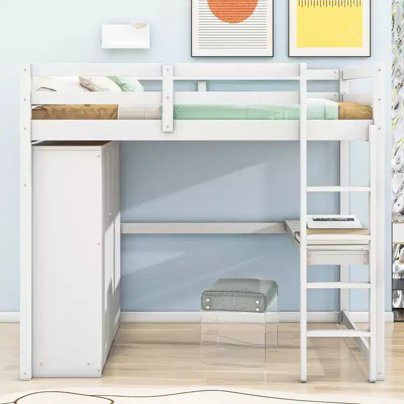 Lit mezzanine pleine grandeur avec bureau, armoire intégrée, étagères de rangement et tiroirs