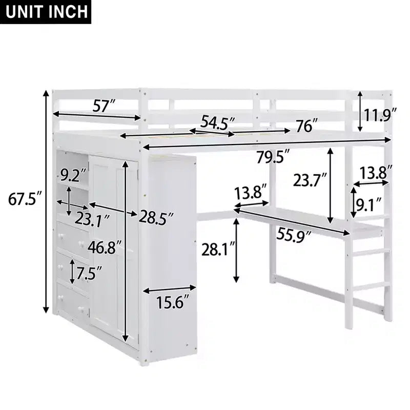 Lit mezzanine pleine grandeur avec bureau, armoire intégrée, étagères de rangement et tiroirs
