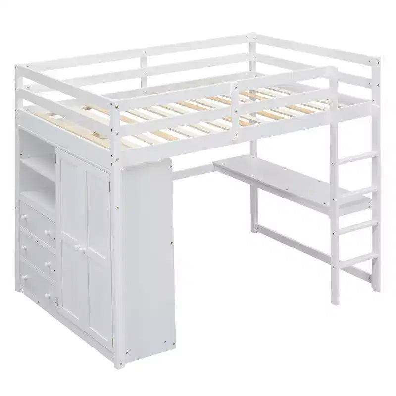 Lit mezzanine pleine grandeur avec bureau, armoire intégrée, étagères de rangement et tiroirs