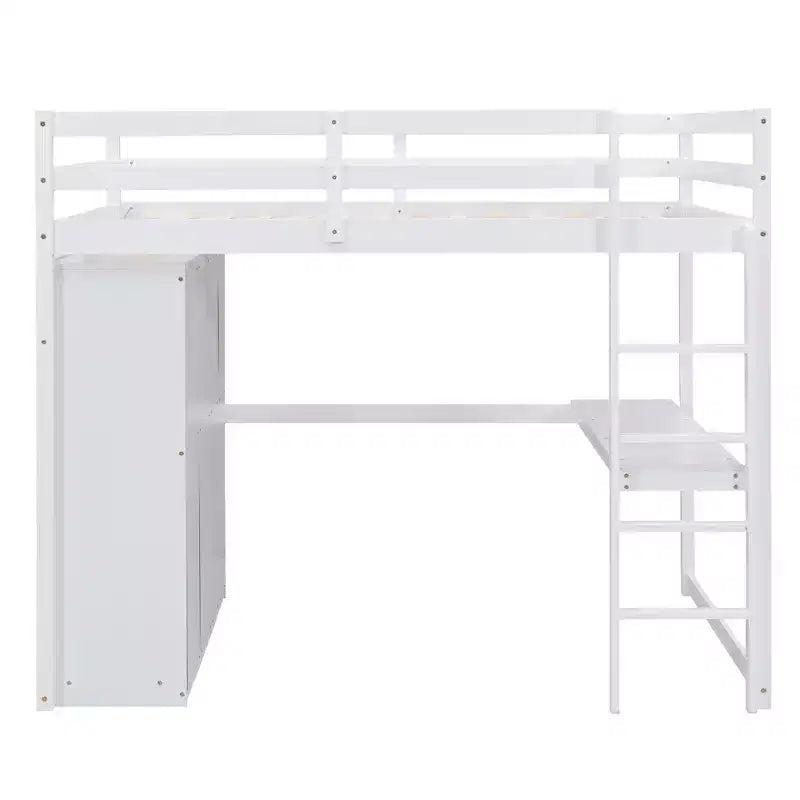 Lit mezzanine pleine grandeur avec bureau, armoire intégrée, étagères de rangement et tiroirs