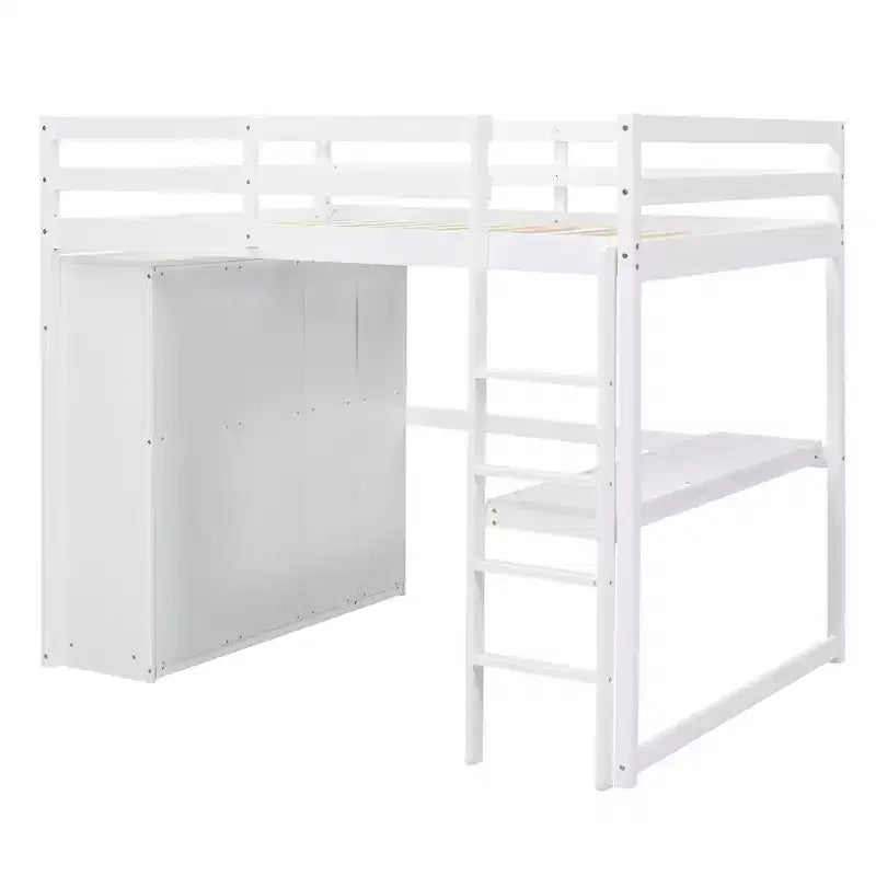 Lit mezzanine pleine grandeur avec bureau, armoire intégrée, étagères de rangement et tiroirs