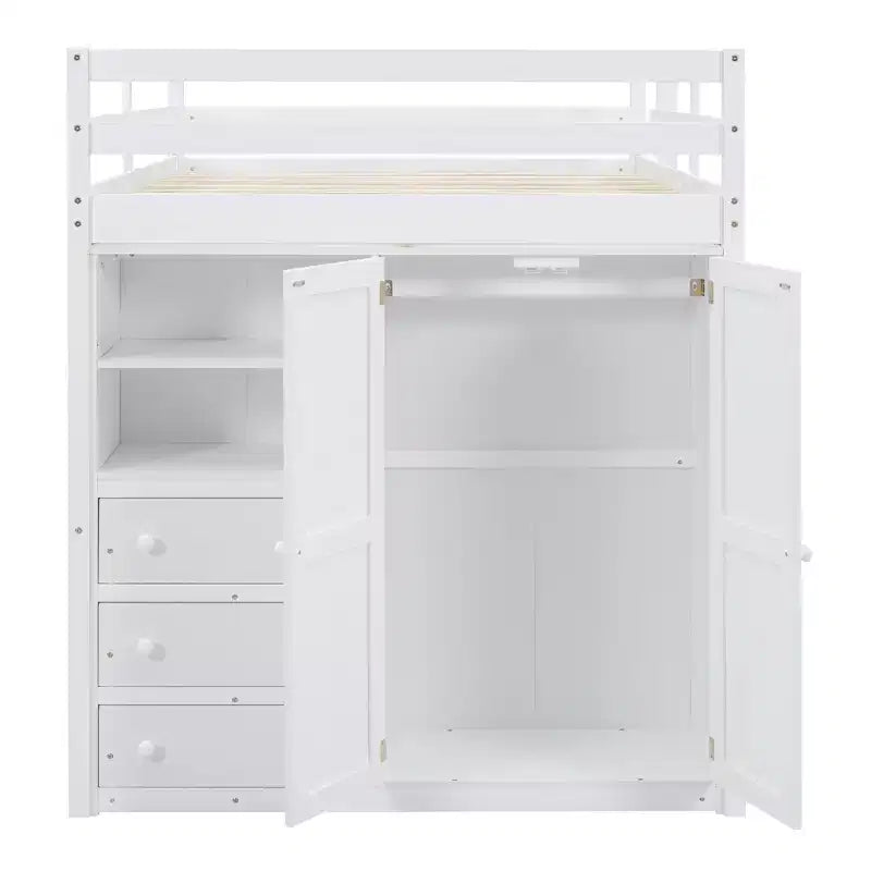 Lit mezzanine pleine grandeur avec bureau, armoire intégrée, étagères de rangement et tiroirs