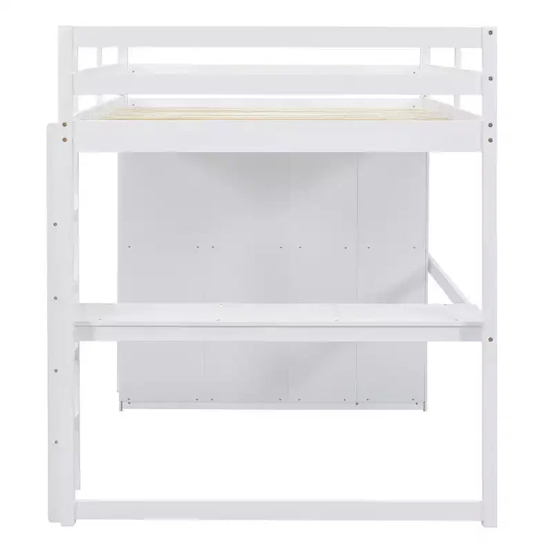 Lit mezzanine pleine grandeur avec bureau, armoire intégrée, étagères de rangement et tiroirs