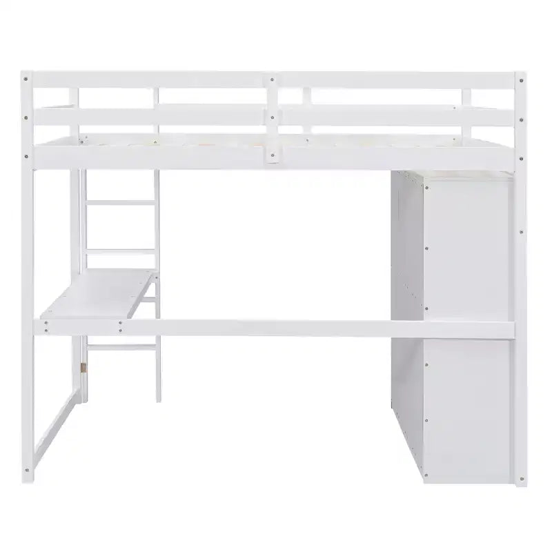 Lit mezzanine pleine grandeur avec bureau, armoire intégrée, étagères de rangement et tiroirs