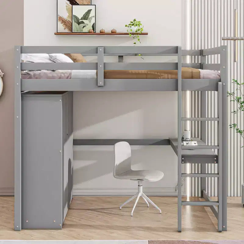 Lit mezzanine pleine grandeur avec bureau, armoire intégrée, étagères de rangement et tiroirs