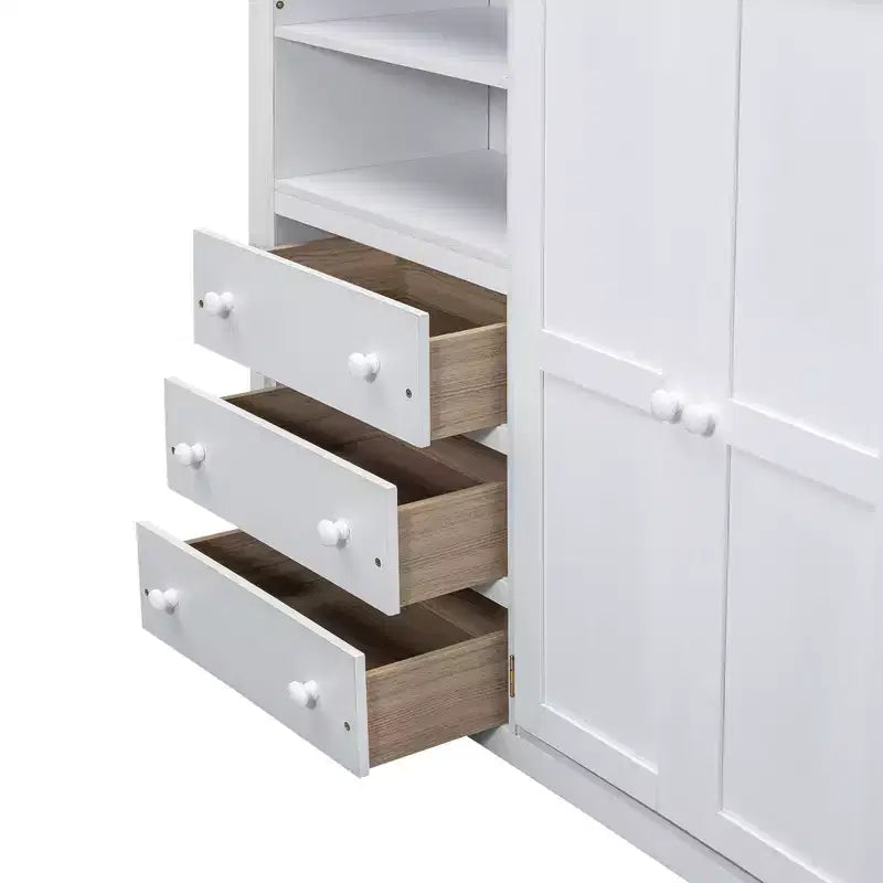 Lit mezzanine pleine grandeur avec bureau, armoire intégrée, étagères de rangement et tiroirs