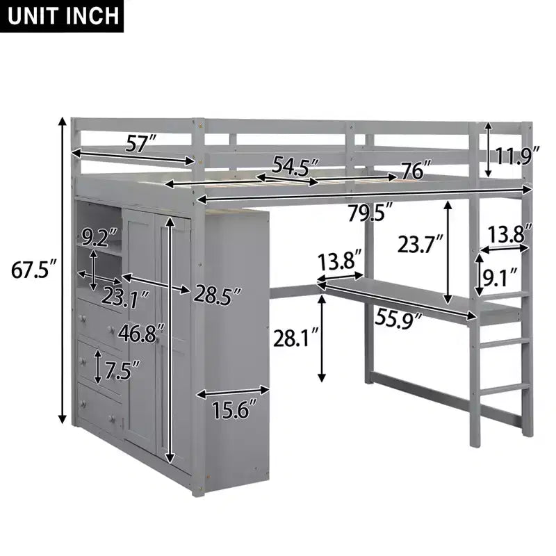 Lit mezzanine pleine grandeur avec bureau, armoire intégrée, étagères de rangement et tiroirs