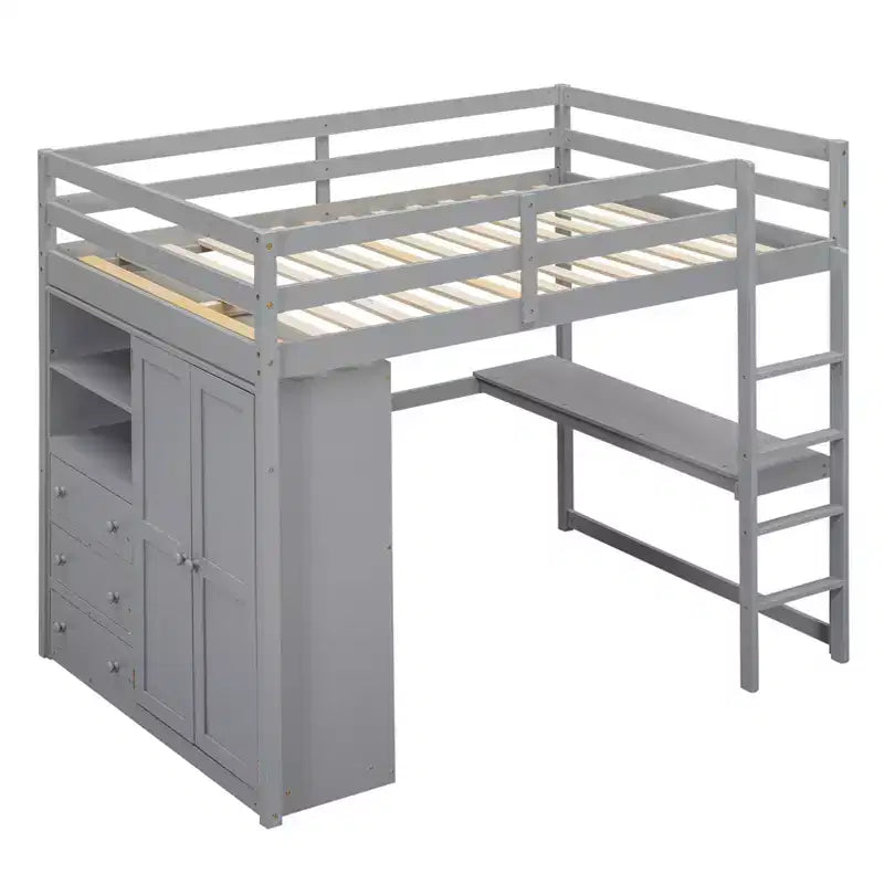 Lit mezzanine pleine grandeur avec bureau, armoire intégrée, étagères de rangement et tiroirs