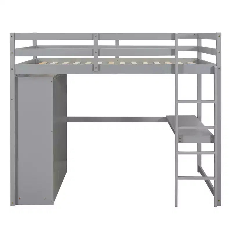Lit mezzanine pleine grandeur avec bureau, armoire intégrée, étagères de rangement et tiroirs