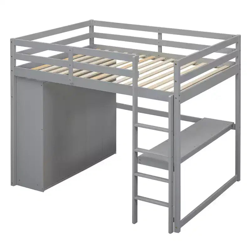 Lit mezzanine pleine grandeur avec bureau, armoire intégrée, étagères de rangement et tiroirs