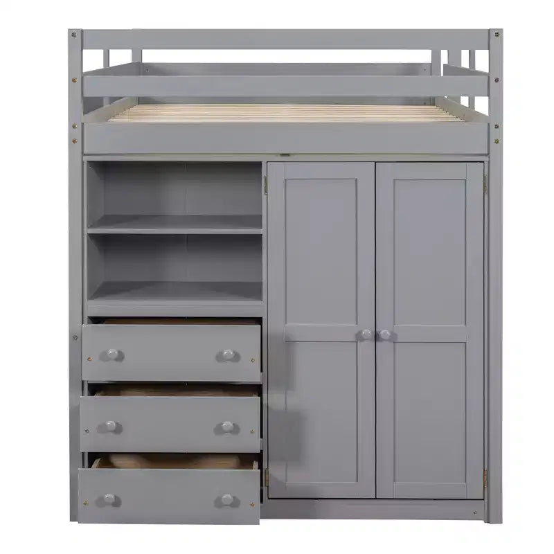 Lit mezzanine pleine grandeur avec bureau, armoire intégrée, étagères de rangement et tiroirs