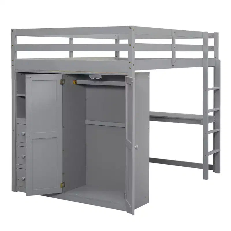 Lit mezzanine pleine grandeur avec bureau, armoire intégrée, étagères de rangement et tiroirs