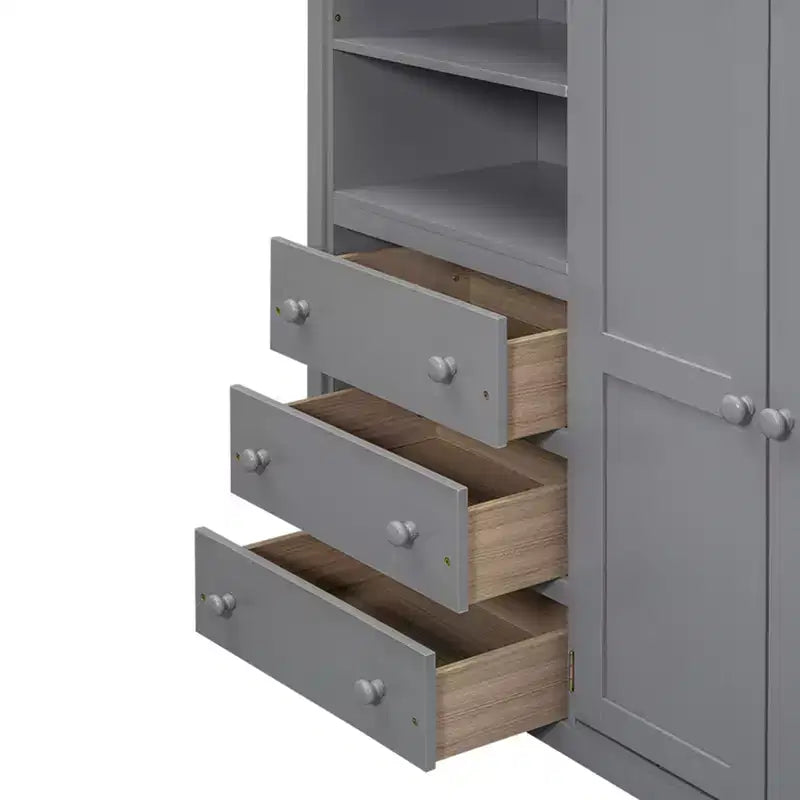 Lit mezzanine pleine grandeur avec bureau, armoire intégrée, étagères de rangement et tiroirs