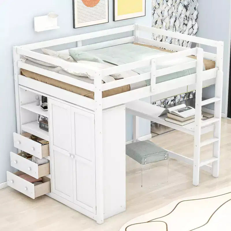 Lit mezzanine pleine grandeur avec bureau, armoire intégrée, étagères de rangement et tiroirs