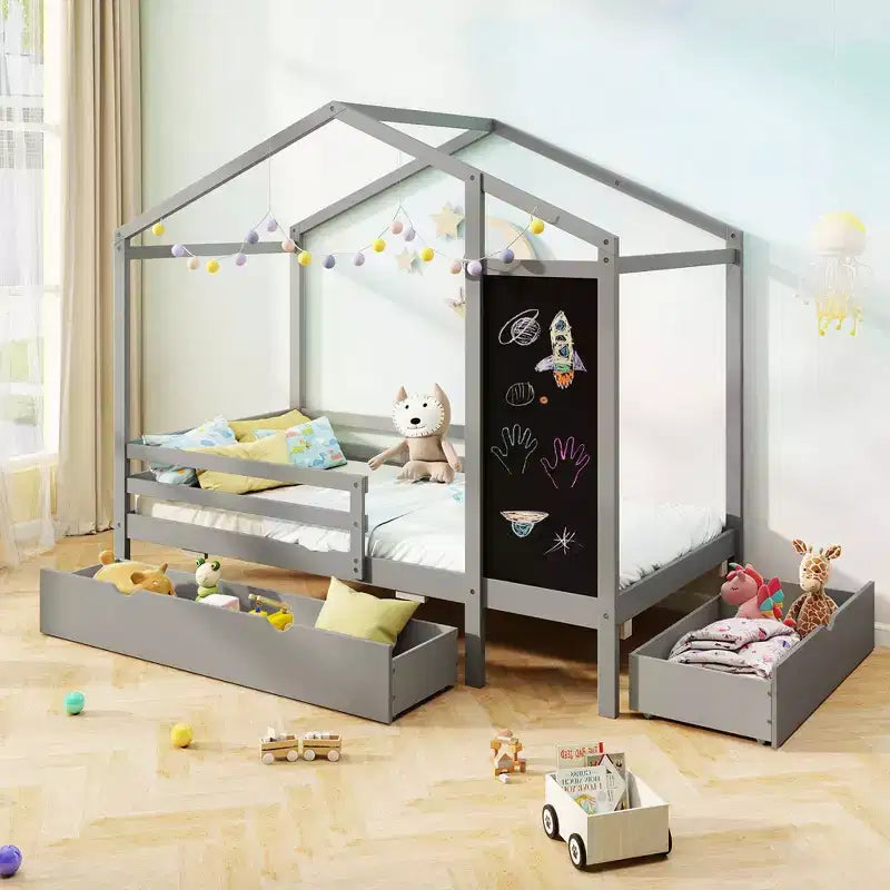 Lit double avec deux tiroirs de rangement, lit plateforme en bois massif, avec tableau noir, blanc/gris