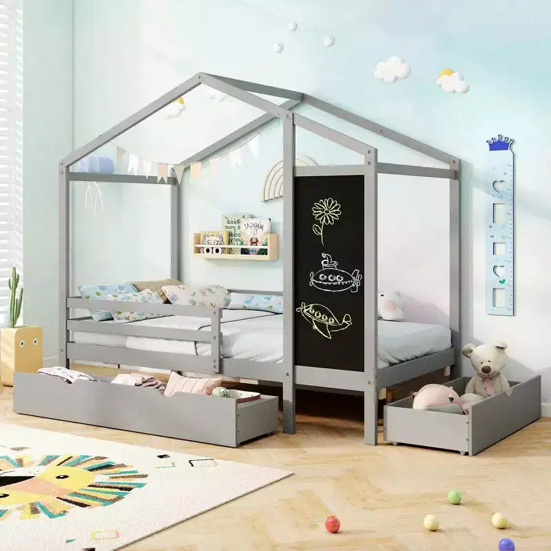 Lit double avec deux tiroirs de rangement, lit plateforme en bois massif, avec tableau noir, blanc/gris