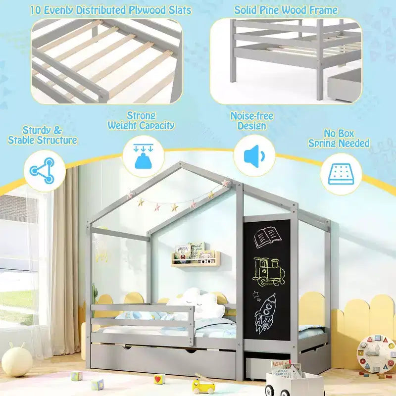 Lit double avec deux tiroirs de rangement, lit plateforme en bois massif, avec tableau noir, blanc/gris