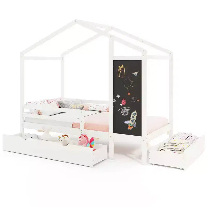 Lit double avec deux tiroirs de rangement, lit plateforme en bois massif, avec tableau noir, blanc/gris