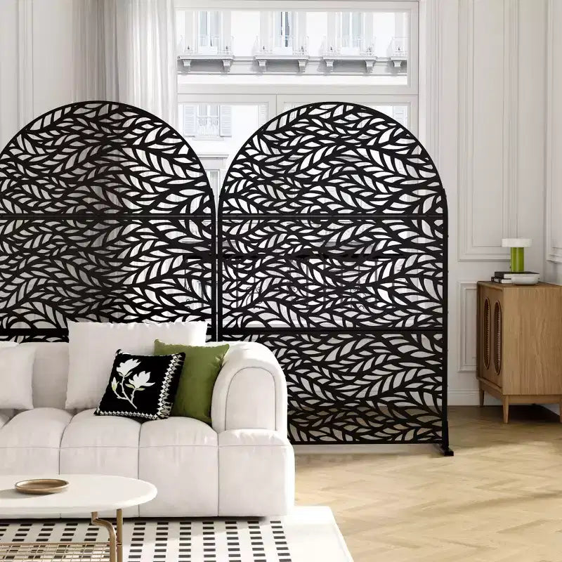 Spring Flow Leaf 01 Black Arched Galvanized Steel Screen 183x120x40cm