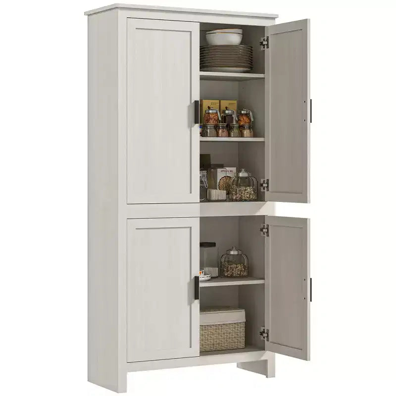 HOMCOM 64 4-Door Kitchen Pantry, Freestanding Storage Cabinet with 3 Adjustable Shelves for Kitchen, Dining or Living Room, Antique White