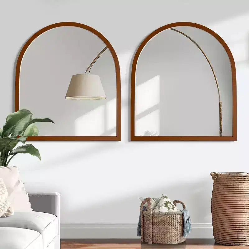 Solid Wood Straight Edge Right-Angle Arched Walnut Color Hanging Mirror 90x80x2cm (Double-Sided Mounting)
