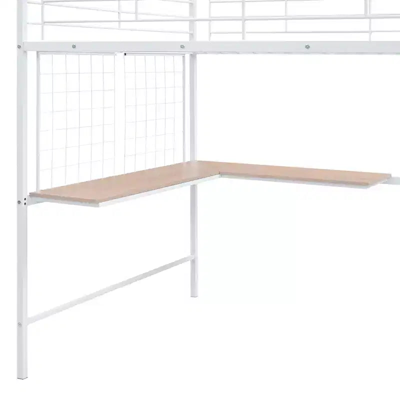 Lit mezzanine en métal Twin/Full avec bureau et grille métallique, cadre de lit métallique élégant avec échelle de rangement latérale et armoire
