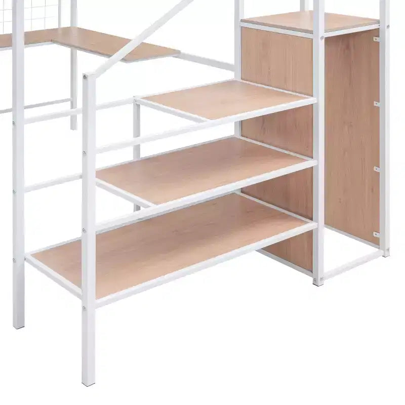 Lit mezzanine en métal Twin/Full avec bureau et grille métallique, cadre de lit métallique élégant avec échelle de rangement latérale et armoire