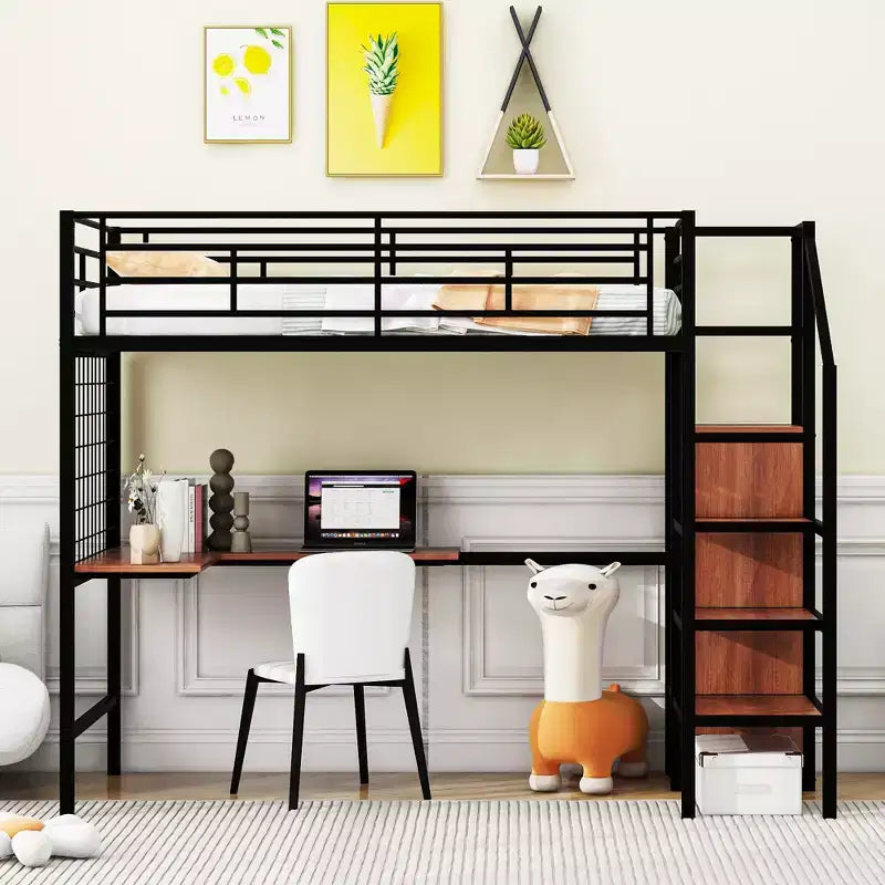 Lit mezzanine en métal Twin/Full avec bureau et grille métallique, cadre de lit métallique élégant avec échelle de rangement latérale et armoire