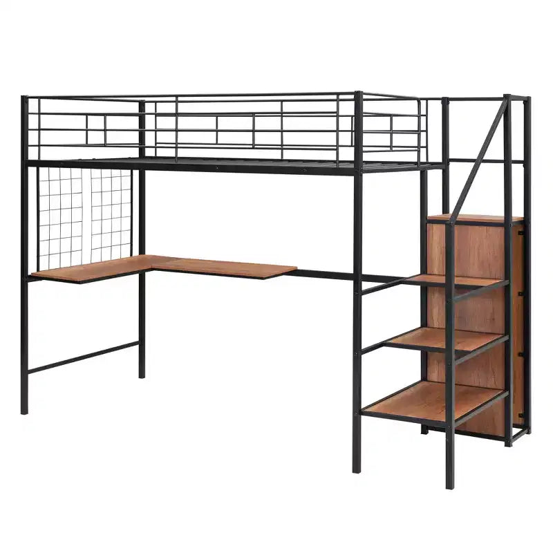 Lit mezzanine en métal Twin/Full avec bureau et grille métallique, cadre de lit métallique élégant avec échelle de rangement latérale et armoire