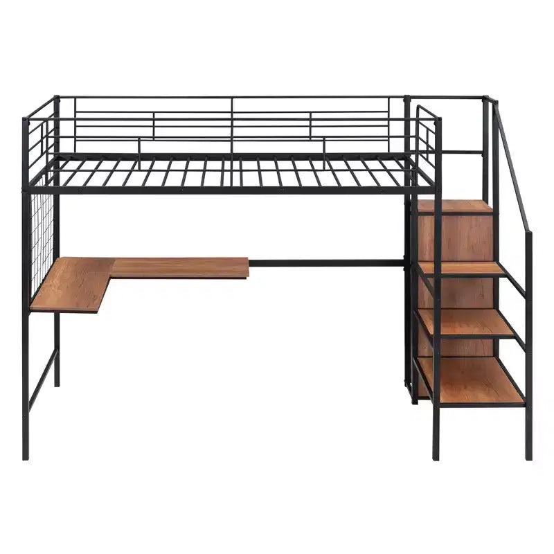 Lit mezzanine en métal Twin/Full avec bureau et grille métallique, cadre de lit métallique élégant avec échelle de rangement latérale et armoire