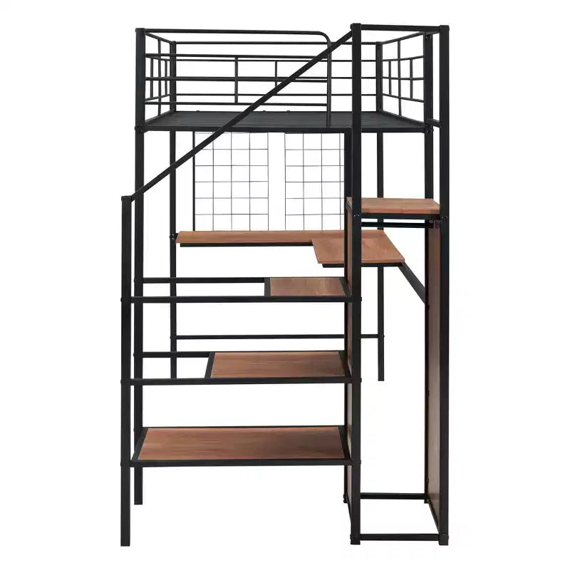 Lit mezzanine en métal Twin/Full avec bureau et grille métallique, cadre de lit métallique élégant avec échelle de rangement latérale et armoire
