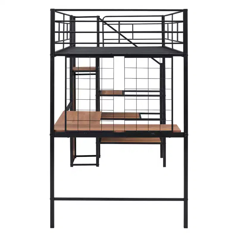 Lit mezzanine en métal Twin/Full avec bureau et grille métallique, cadre de lit métallique élégant avec échelle de rangement latérale et armoire
