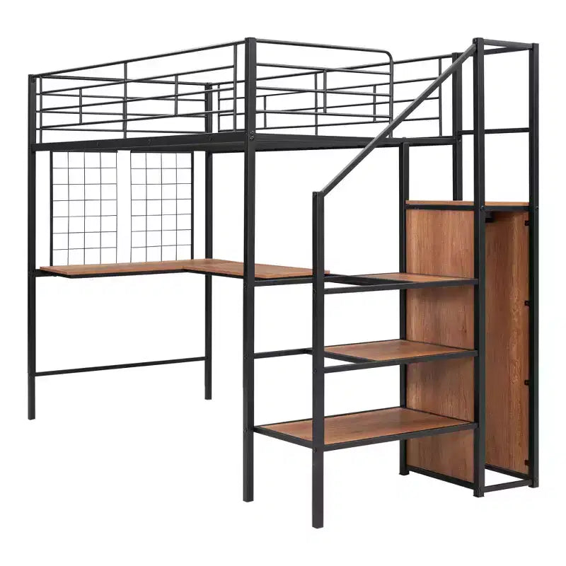 Lit mezzanine en métal Twin/Full avec bureau et grille métallique, cadre de lit métallique élégant avec échelle de rangement latérale et armoire