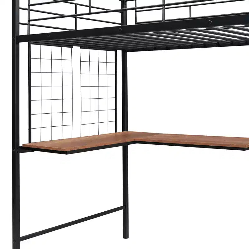 Lit mezzanine en métal Twin/Full avec bureau et grille métallique, cadre de lit métallique élégant avec échelle de rangement latérale et armoire