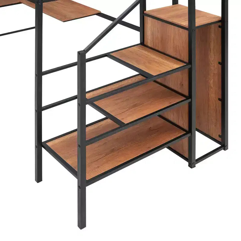 Lit mezzanine en métal Twin/Full avec bureau et grille métallique, cadre de lit métallique élégant avec échelle de rangement latérale et armoire