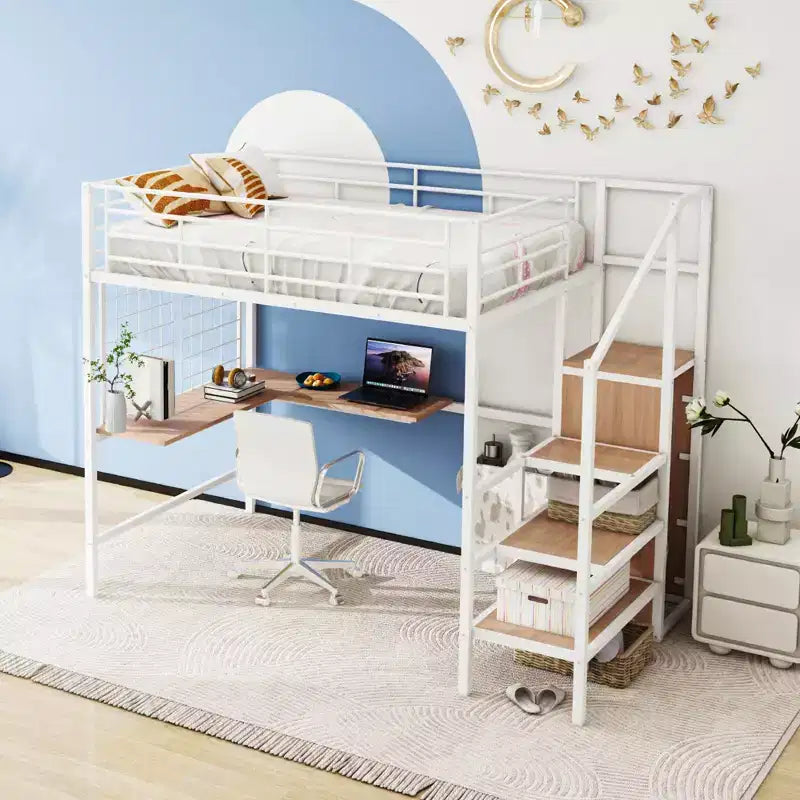 Lit mezzanine en métal Twin/Full avec bureau et grille métallique, cadre de lit métallique élégant avec échelle de rangement latérale et armoire