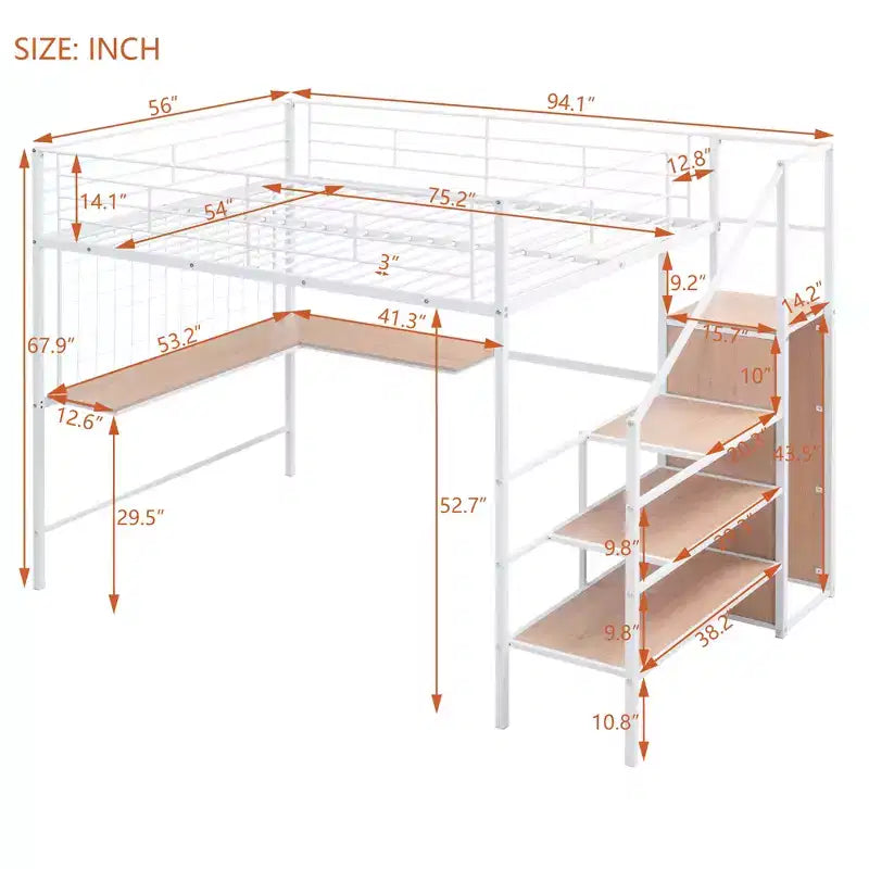 Lit mezzanine en métal Twin/Full avec bureau et grille métallique, cadre de lit métallique élégant avec échelle de rangement latérale et armoire