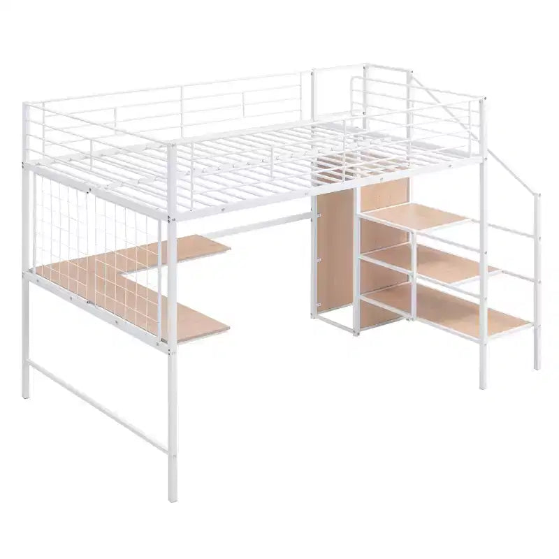 Lit mezzanine en métal Twin/Full avec bureau et grille métallique, cadre de lit métallique élégant avec échelle de rangement latérale et armoire
