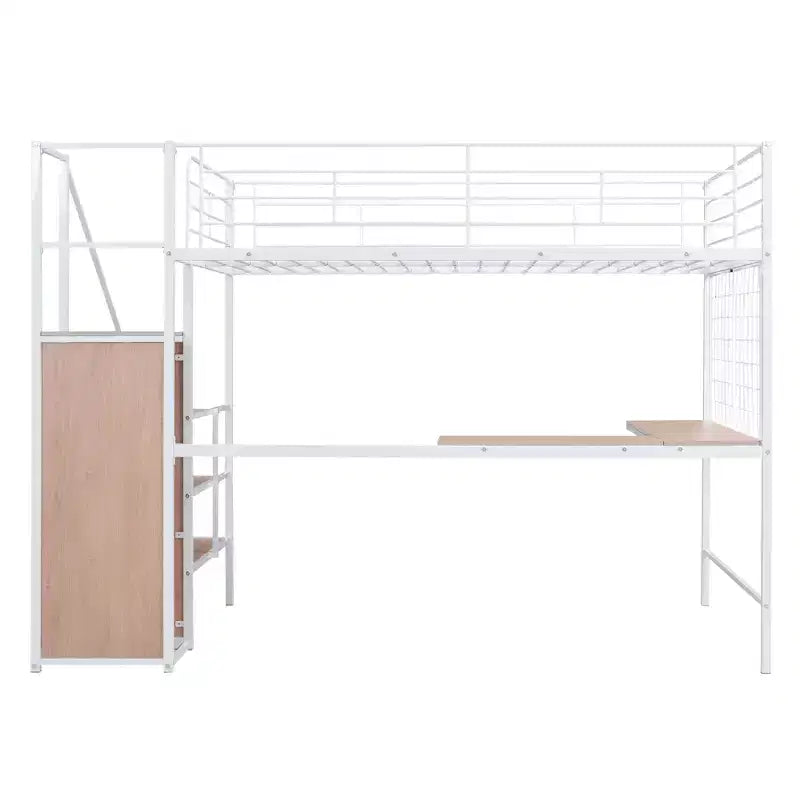 Lit mezzanine en métal Twin/Full avec bureau et grille métallique, cadre de lit métallique élégant avec échelle de rangement latérale et armoire
