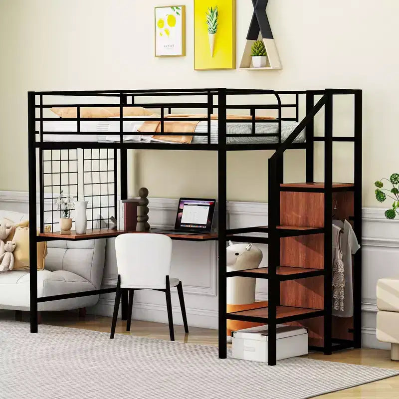 Lit mezzanine en métal Twin/Full avec bureau et grille métallique, cadre de lit métallique élégant avec échelle de rangement latérale et armoire