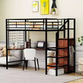 Lit mezzanine en métal Twin/Full avec bureau et grille métallique, cadre de lit métallique élégant avec échelle de rangement latérale et armoire